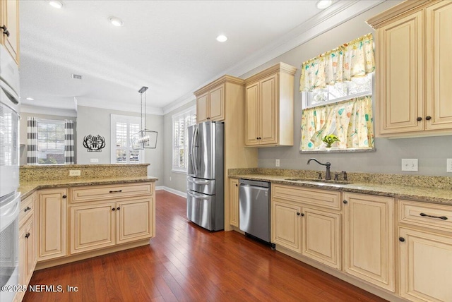 kitchen with light stone countertops, appliances with stainless steel finishes, dark wood-type flooring, sink, and decorative light fixtures