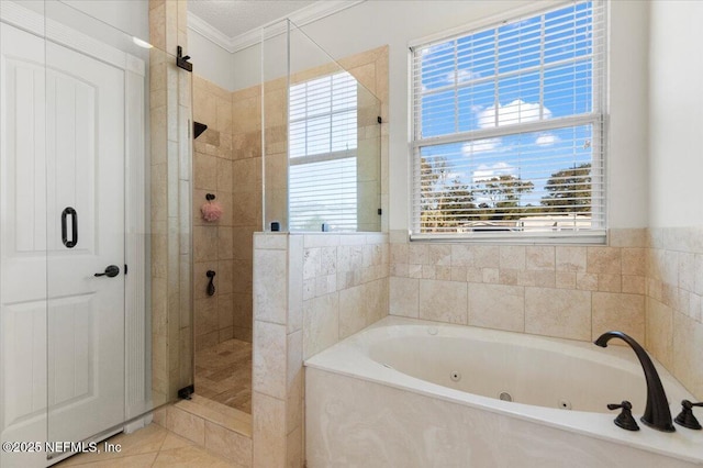 bathroom with separate shower and tub, tile patterned flooring, and ornamental molding