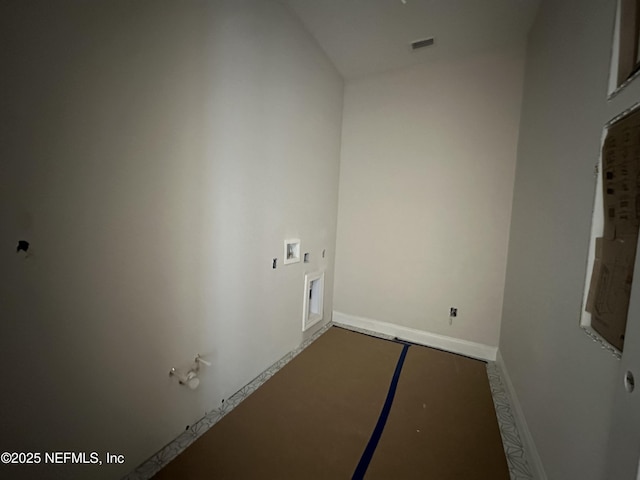 washroom featuring baseboards, laundry area, visible vents, and hookup for an electric dryer