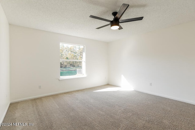 empty room featuring carpet, ceiling fan, and a textured ceiling