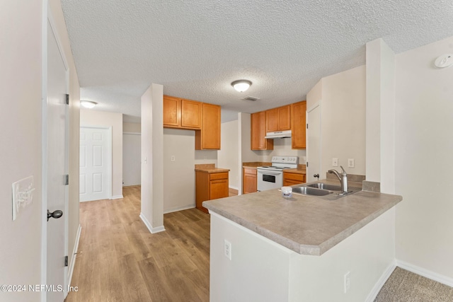 kitchen with sink, a textured ceiling, white range with electric stovetop, light hardwood / wood-style floors, and kitchen peninsula