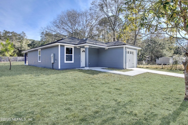 single story home with a garage and a front yard