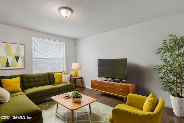 living room with dark hardwood / wood-style floors and a textured ceiling