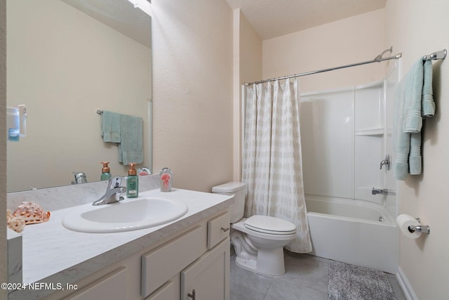 full bathroom with shower / bathtub combination with curtain, tile patterned floors, a textured ceiling, toilet, and vanity