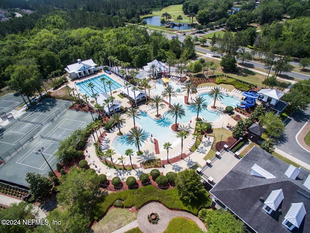 bird's eye view with a water view