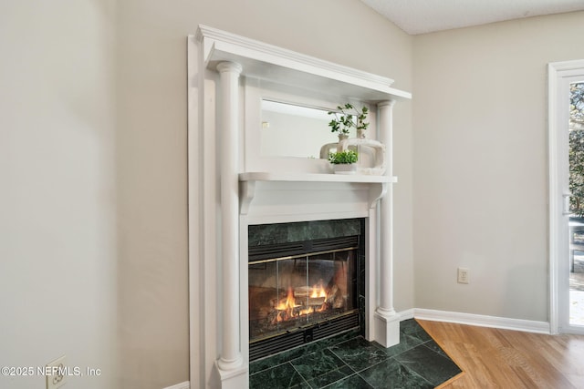 interior details featuring hardwood / wood-style floors and a fireplace