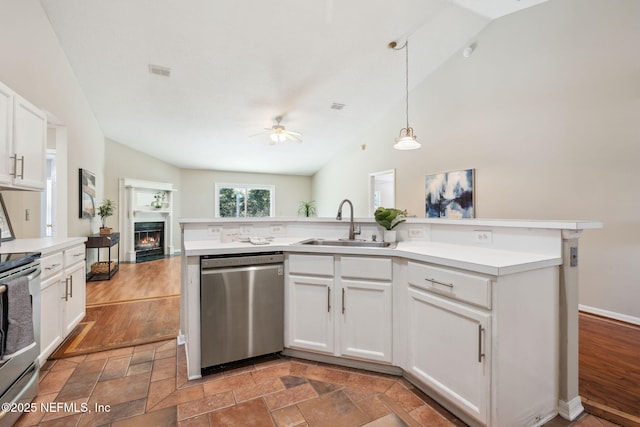 kitchen with stove, stainless steel dishwasher, ceiling fan, decorative light fixtures, and white cabinetry