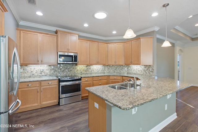 kitchen featuring a breakfast bar, dark hardwood / wood-style flooring, kitchen peninsula, and stainless steel appliances