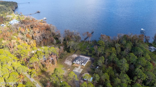 birds eye view of property featuring a water view