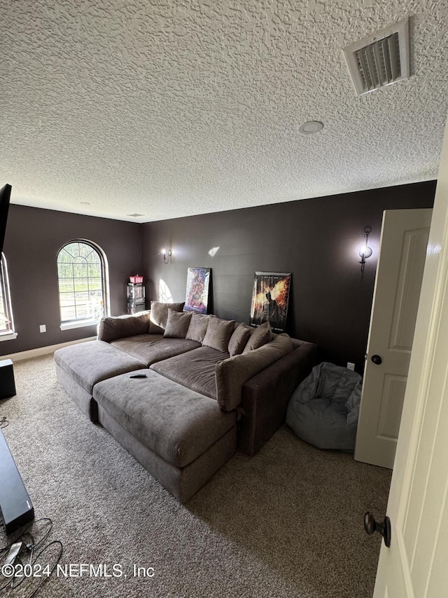 carpeted living room featuring a textured ceiling