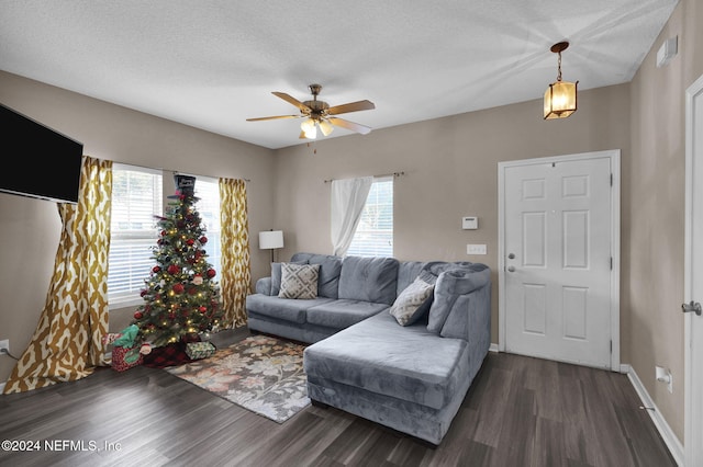 living room featuring plenty of natural light, ceiling fan, dark hardwood / wood-style flooring, and a textured ceiling