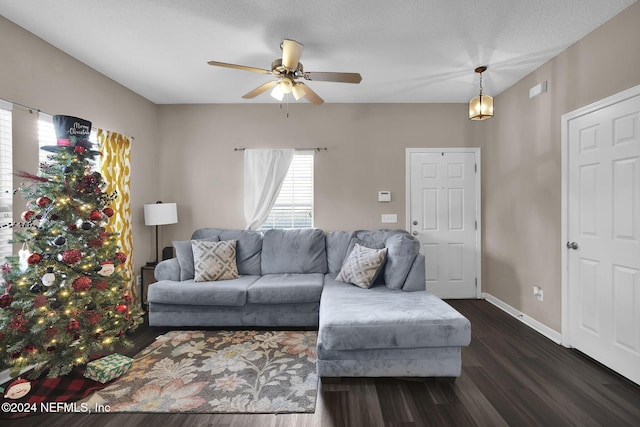 living room featuring a textured ceiling, dark hardwood / wood-style floors, and ceiling fan