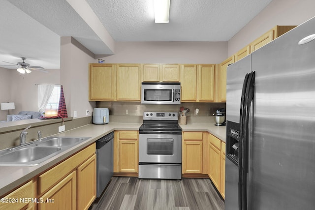 kitchen with light brown cabinetry, sink, dark wood-type flooring, and appliances with stainless steel finishes