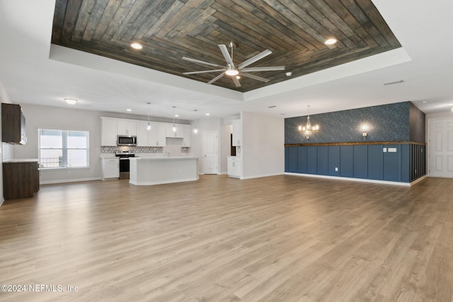 unfurnished living room with a raised ceiling, light hardwood / wood-style flooring, and wooden ceiling