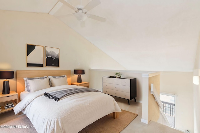 bedroom with ceiling fan and lofted ceiling