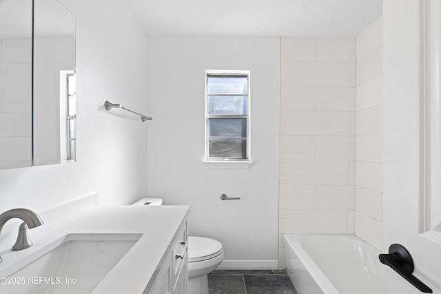 full bathroom with tiled shower / bath combo, vanity, and toilet