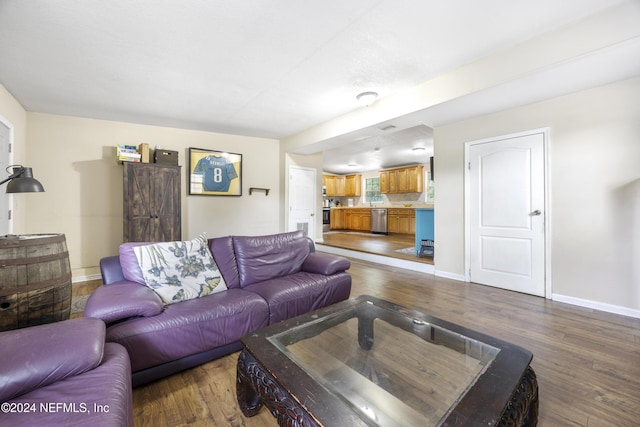 living room with dark hardwood / wood-style floors