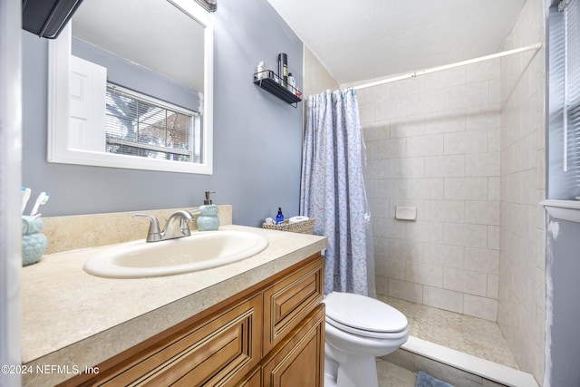 bathroom featuring curtained shower, vanity, and toilet