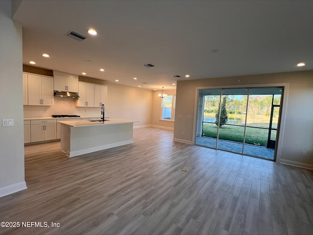 kitchen with a center island with sink, light hardwood / wood-style floors, sink, white cabinets, and decorative backsplash