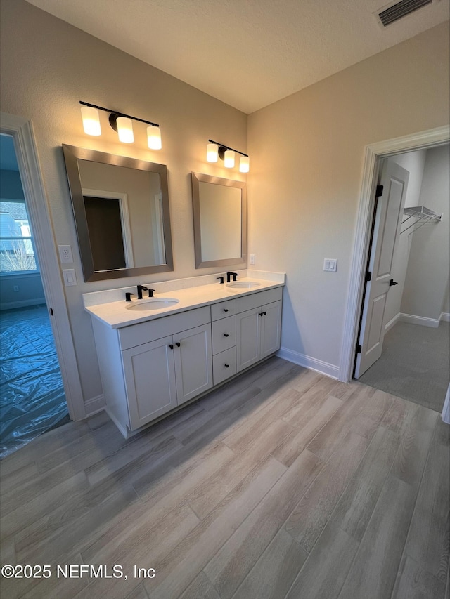 bathroom featuring hardwood / wood-style flooring and vanity