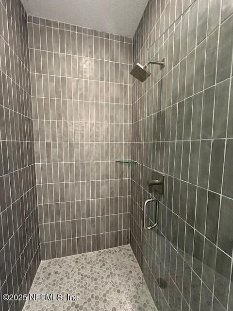 bathroom with a textured ceiling and a shower with shower door