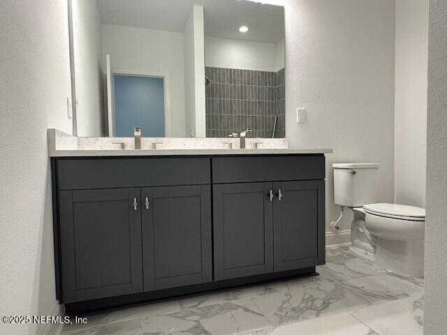 bathroom featuring vanity, toilet, and a shower