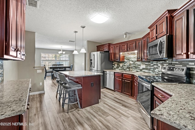 kitchen featuring appliances with stainless steel finishes, a notable chandelier, decorative light fixtures, a kitchen island, and sink