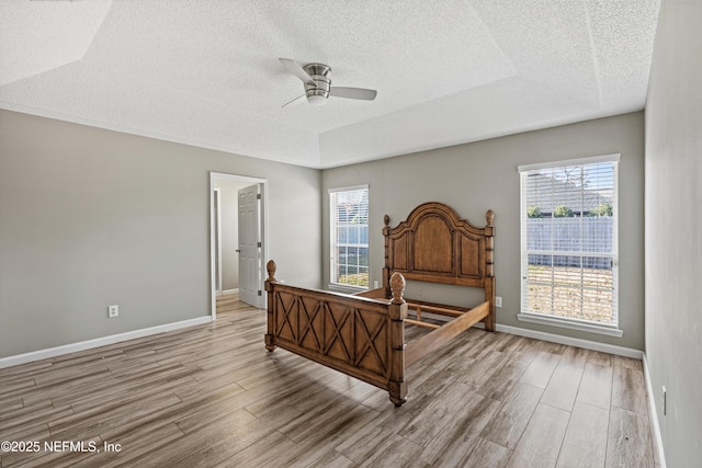 bedroom featuring ceiling fan, a spacious closet, a raised ceiling, and light wood-type flooring