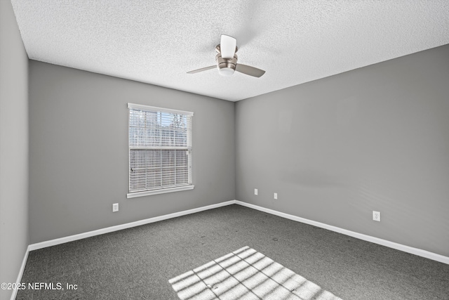 unfurnished room featuring ceiling fan, a textured ceiling, and carpet flooring