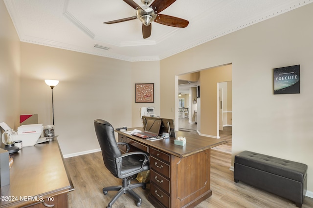 office space with a raised ceiling, light wood-type flooring, crown molding, and ceiling fan