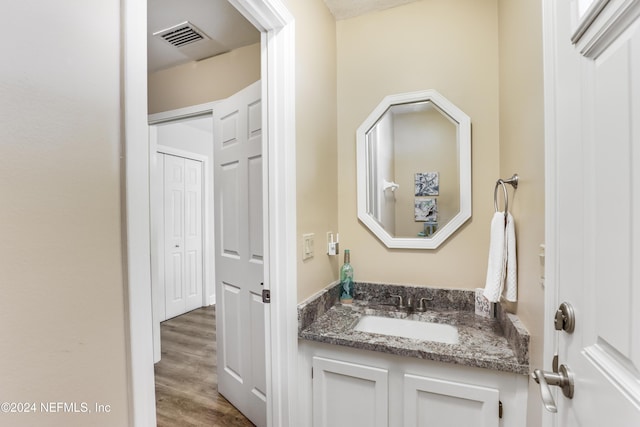 bathroom with wood-type flooring and vanity