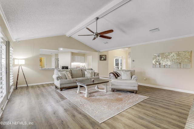 living room with a textured ceiling, plenty of natural light, vaulted ceiling with beams, and light wood-type flooring