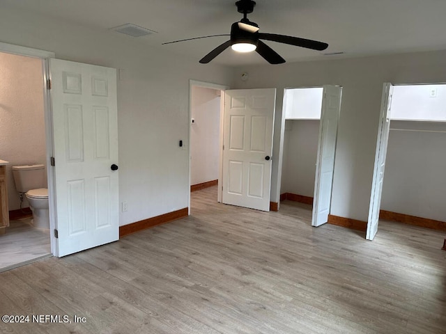 unfurnished bedroom featuring ensuite bath, ceiling fan, a closet, and light hardwood / wood-style floors