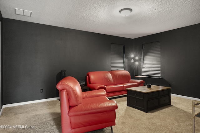 cinema room with light colored carpet and a textured ceiling