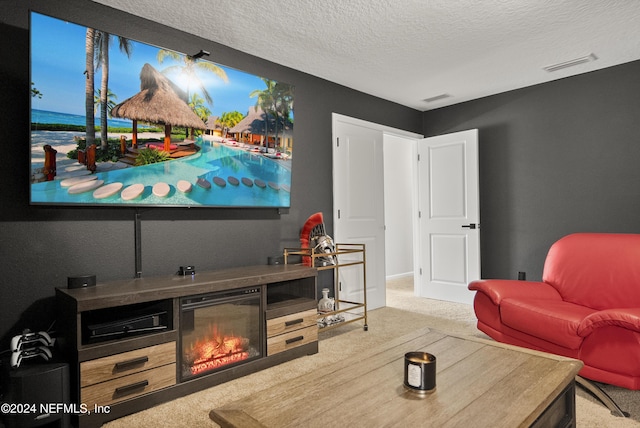 carpeted living room featuring a textured ceiling