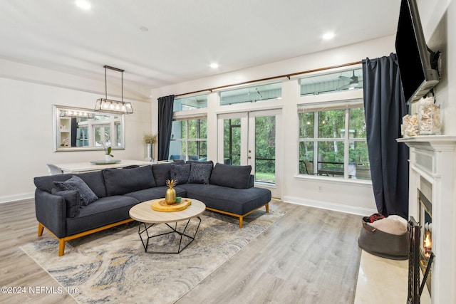 living room with french doors and light hardwood / wood-style flooring