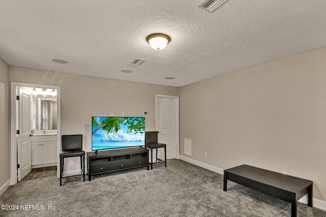 carpeted living room with a textured ceiling