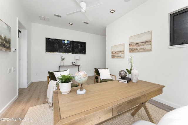 office area featuring ceiling fan and light wood-type flooring