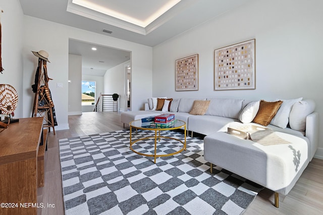 living room featuring a raised ceiling and wood-type flooring