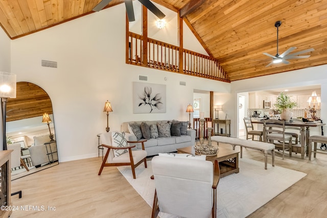 living room with ceiling fan, light hardwood / wood-style floors, beamed ceiling, wood ceiling, and high vaulted ceiling