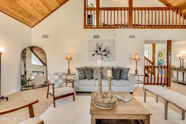 living room with wooden ceiling, hardwood / wood-style floors, and high vaulted ceiling