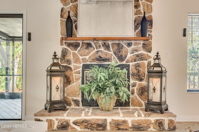 details featuring a stone fireplace