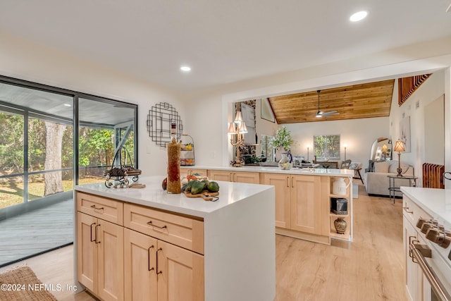 kitchen with lofted ceiling, a kitchen island, high end stove, light hardwood / wood-style flooring, and wooden ceiling