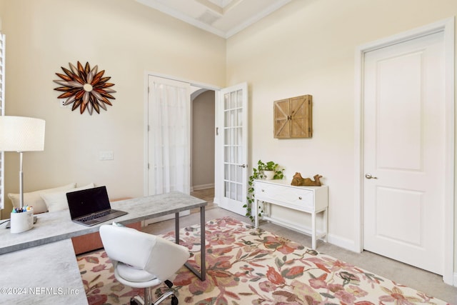 office area featuring french doors and crown molding