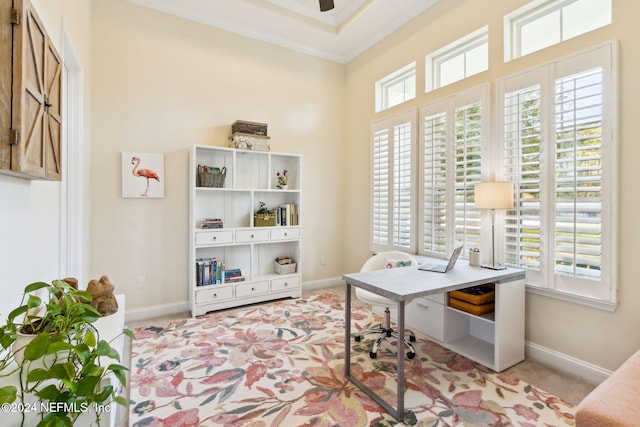 carpeted office space featuring ornamental molding