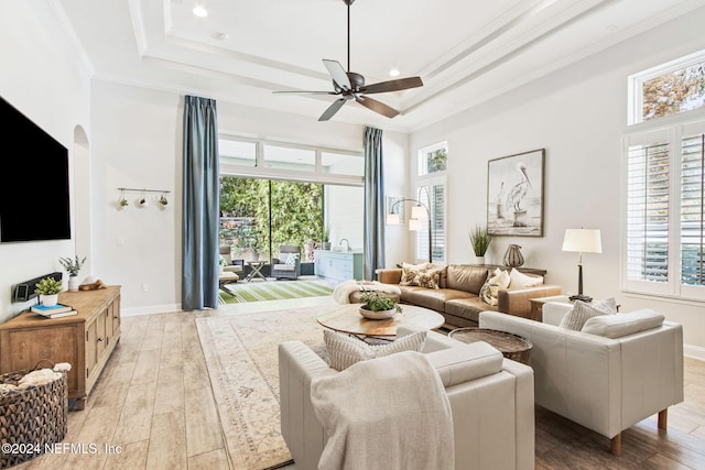 living room with a tray ceiling, light hardwood / wood-style flooring, and a healthy amount of sunlight