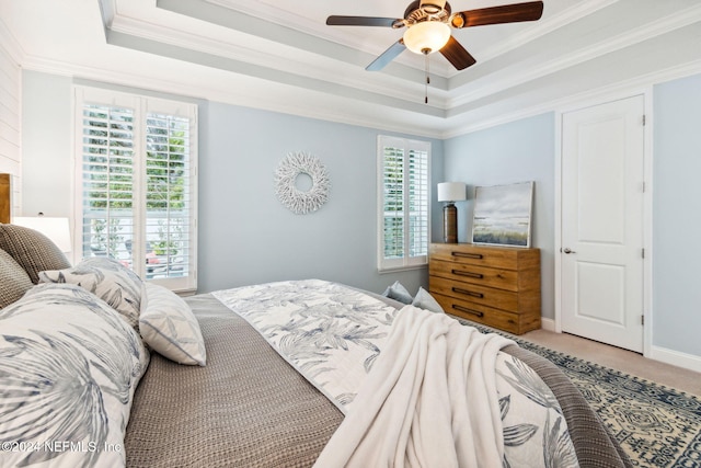 carpeted bedroom featuring a raised ceiling, ceiling fan, and crown molding