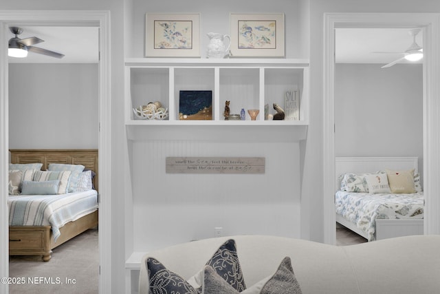 bedroom featuring carpet flooring and ceiling fan