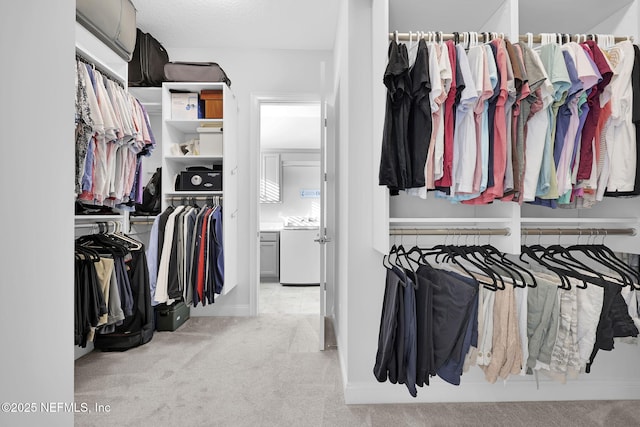 walk in closet featuring light carpet