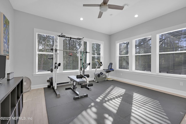 exercise room featuring ceiling fan